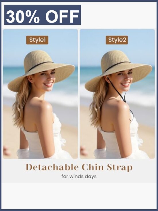 Women UPF 50+ Wide Brim Straw Sun Hat Beach Summer Travel Adjustable Packable main image 7